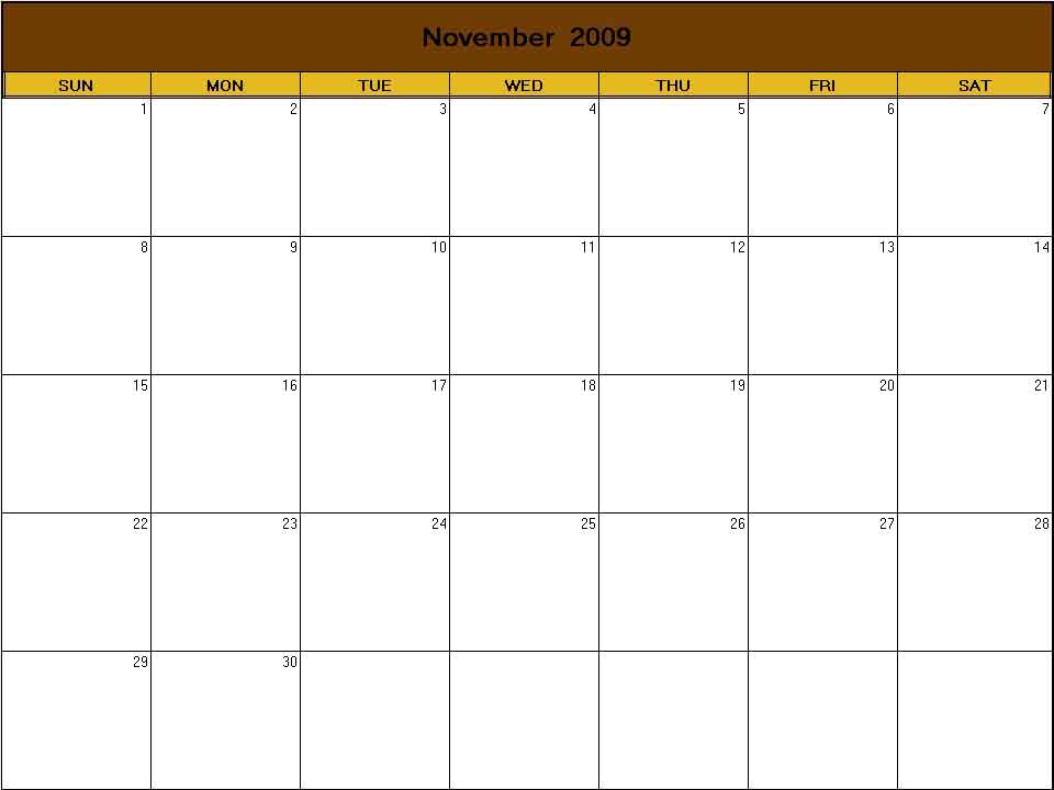printable blank calendar image for Thanksgiving 2009