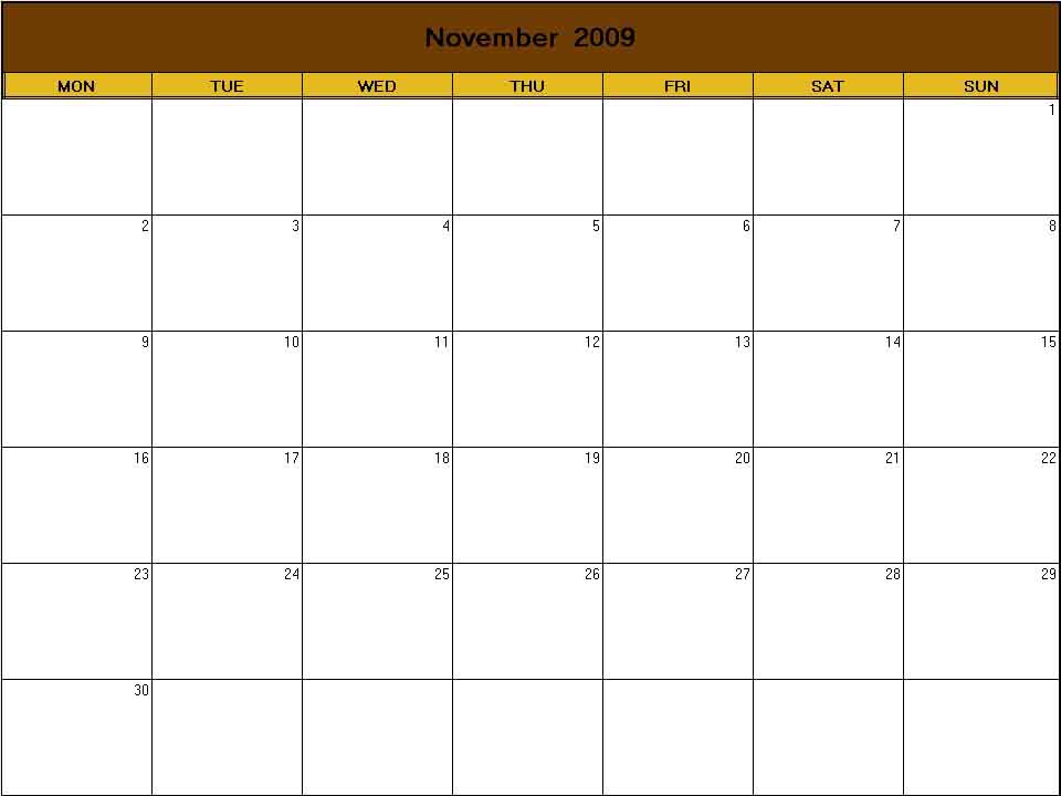 printable blank calendar image for Thanksgiving 2009