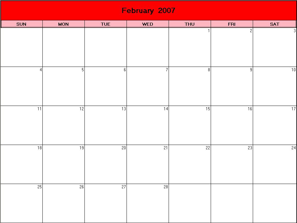 printable blank calendar image for Valentine 2007