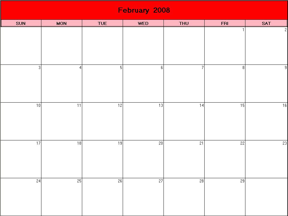 printable blank calendar image for Valentine 2008