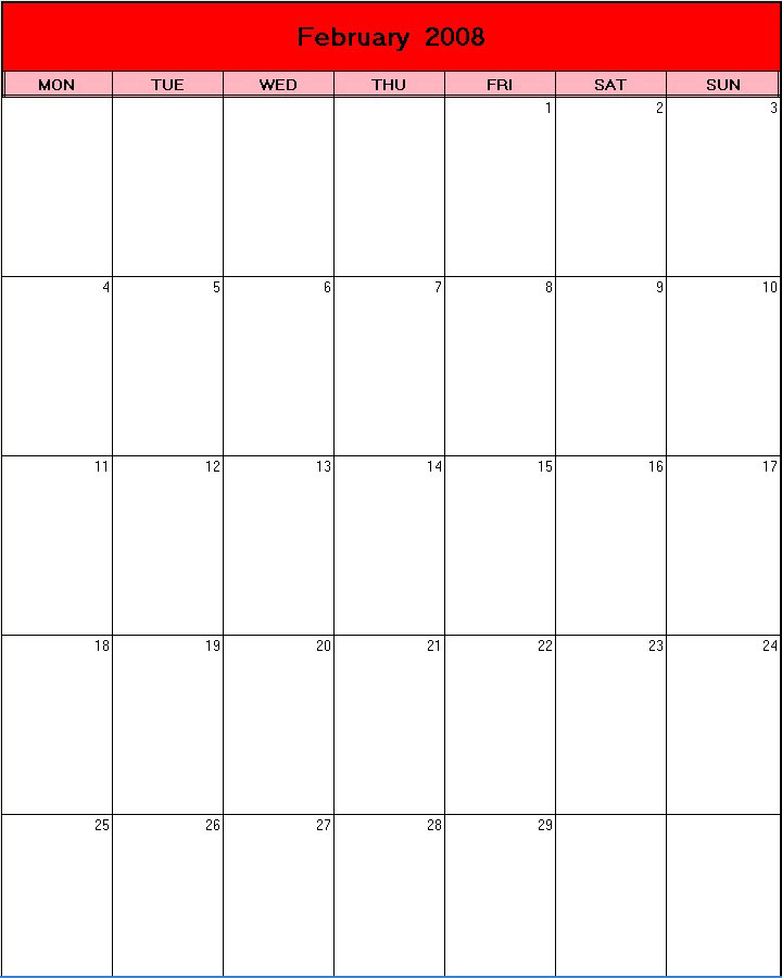 printable blank calendar image for Valentine 2008