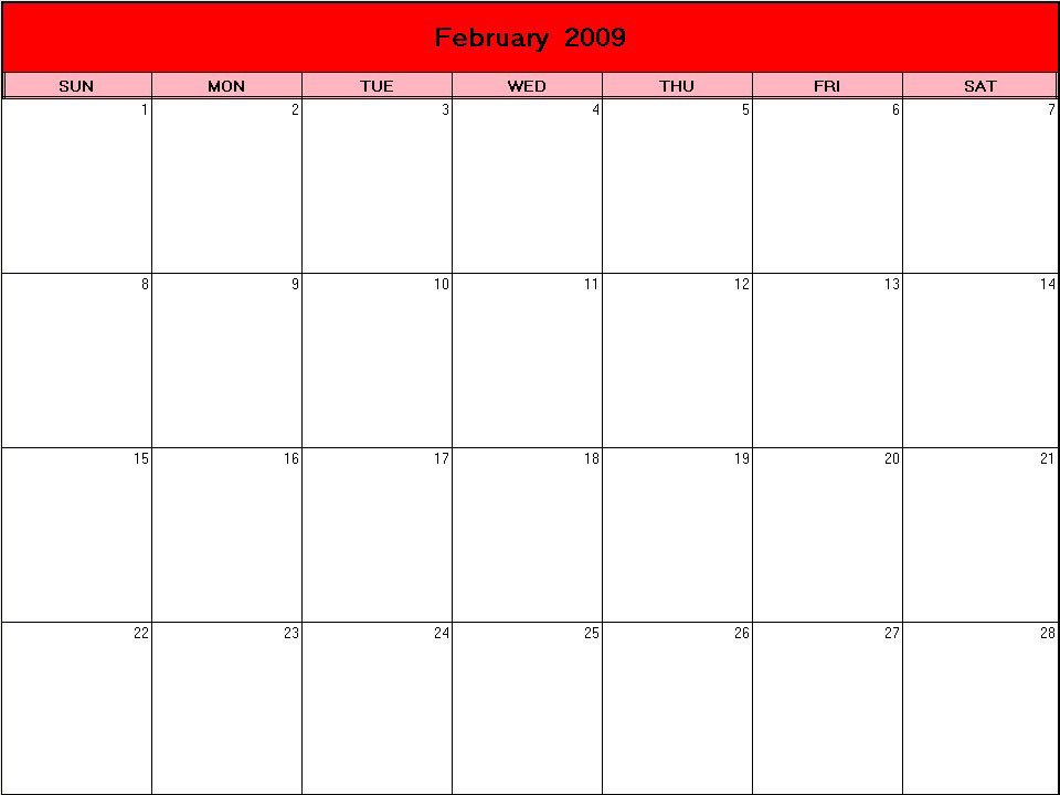 printable blank calendar image for Valentine 2009