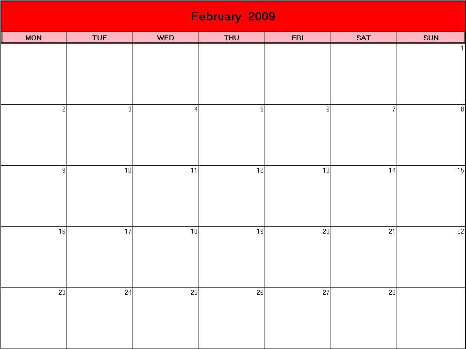 printable blank calendar image for Valentine 2009