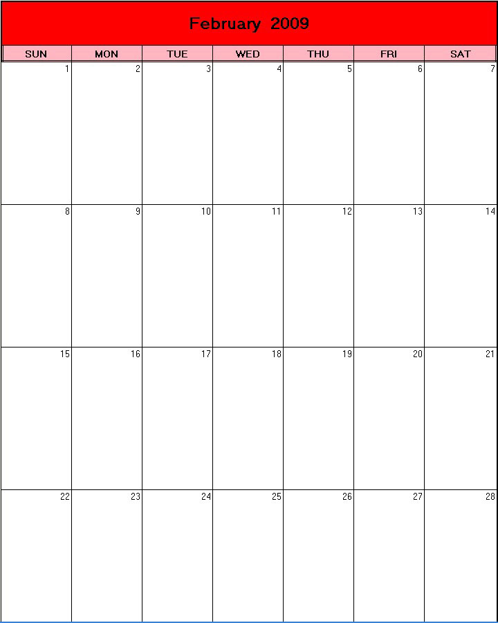 printable blank calendar image for Valentine 2009