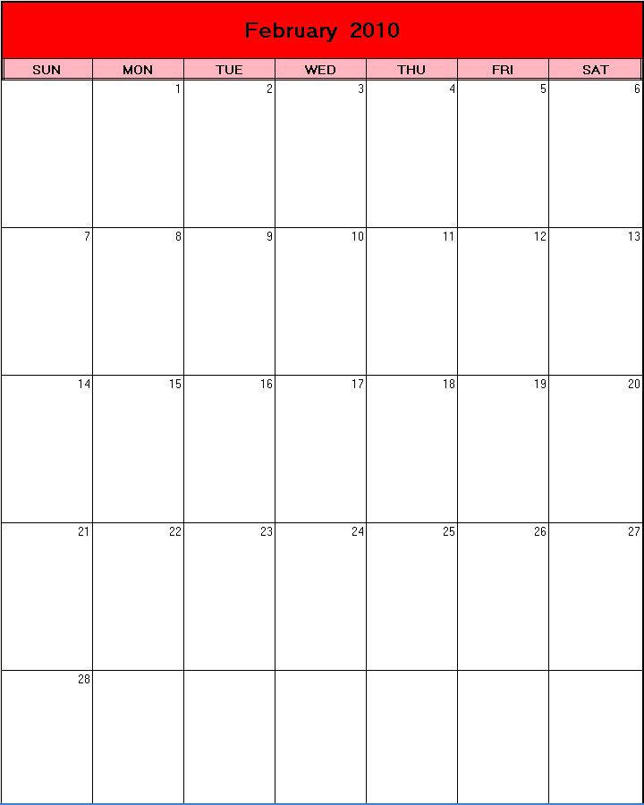 printable blank calendar image for Valentine 2010