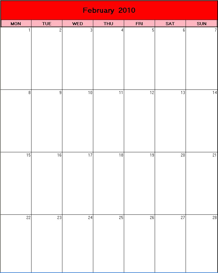 printable blank calendar image for Valentine 2010