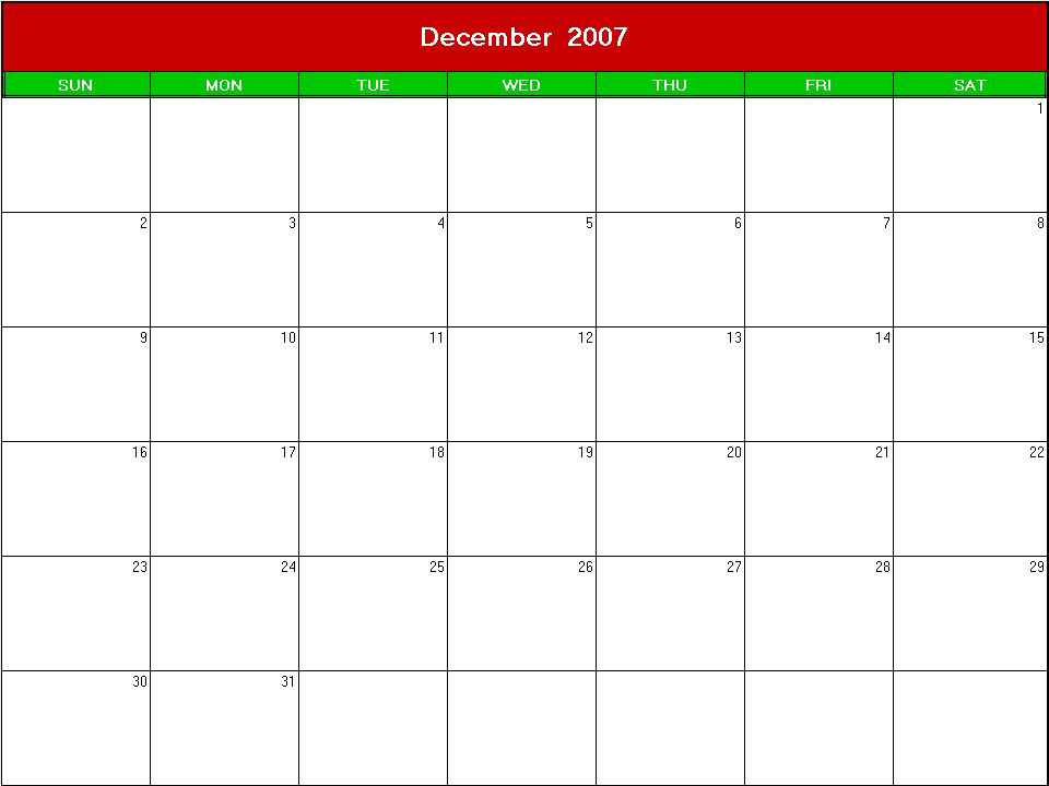 printable blank calendar image for xmas 2007
