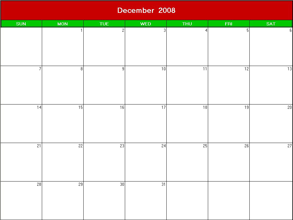 printable blank calendar image for xmas 2008