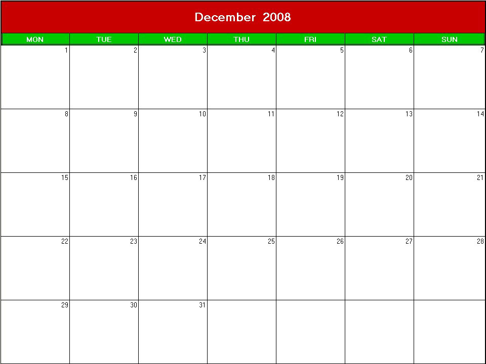 printable blank calendar image for xmas 2008