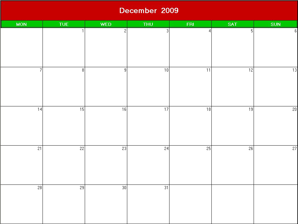 printable blank calendar image for xmas 2009