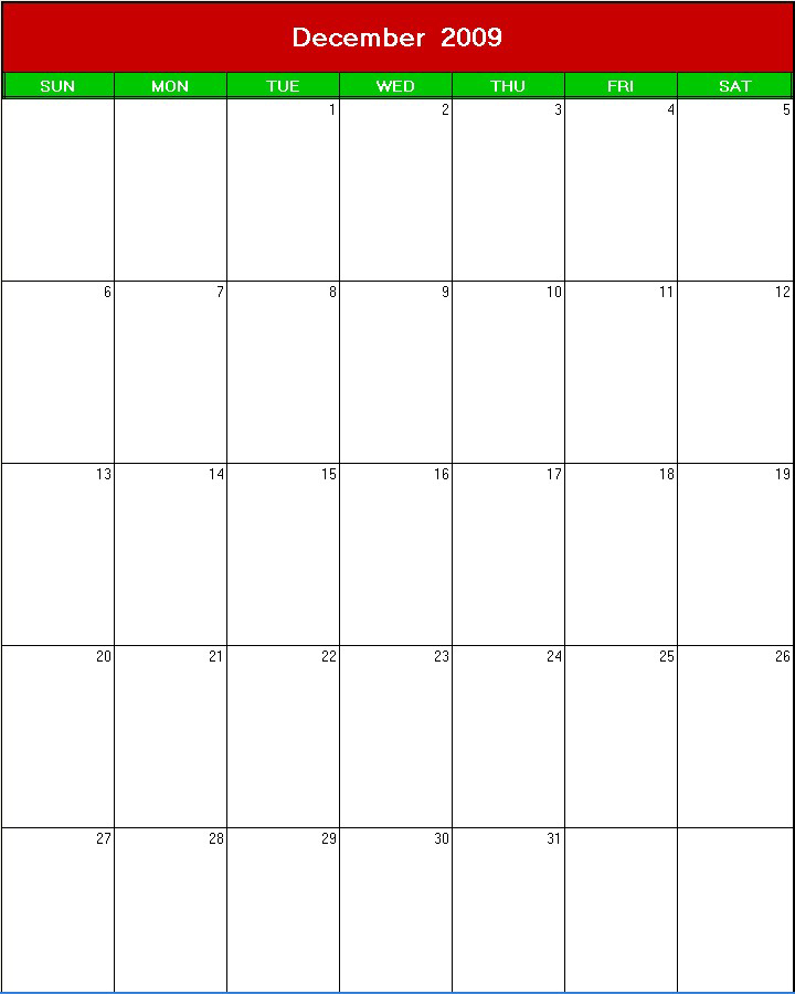 printable blank calendar image for xmas 2009