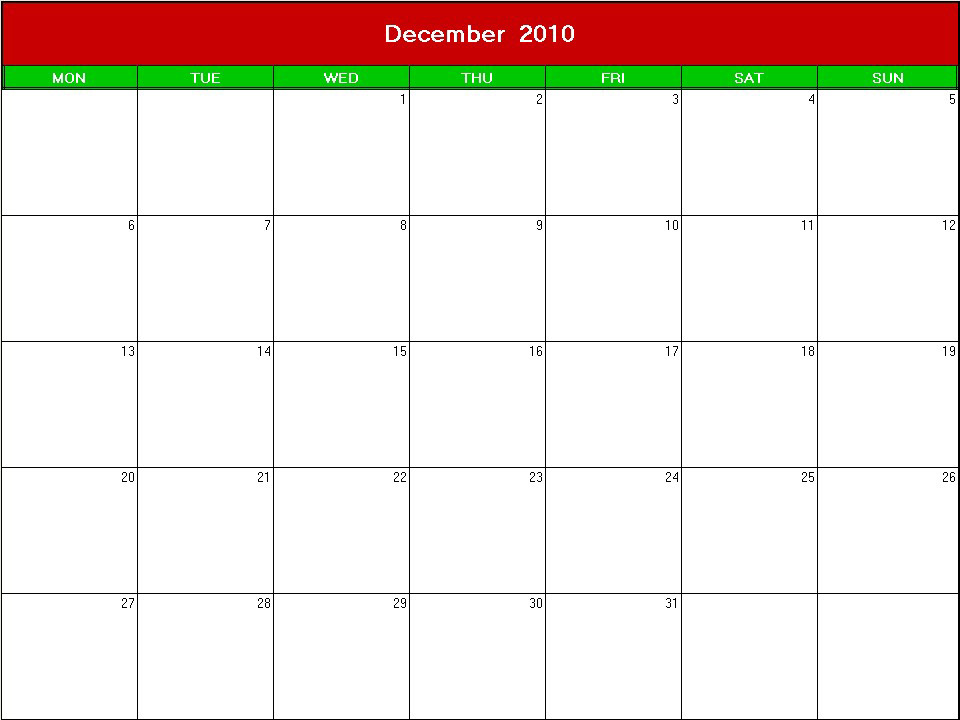 printable blank calendar image for xmas 2010