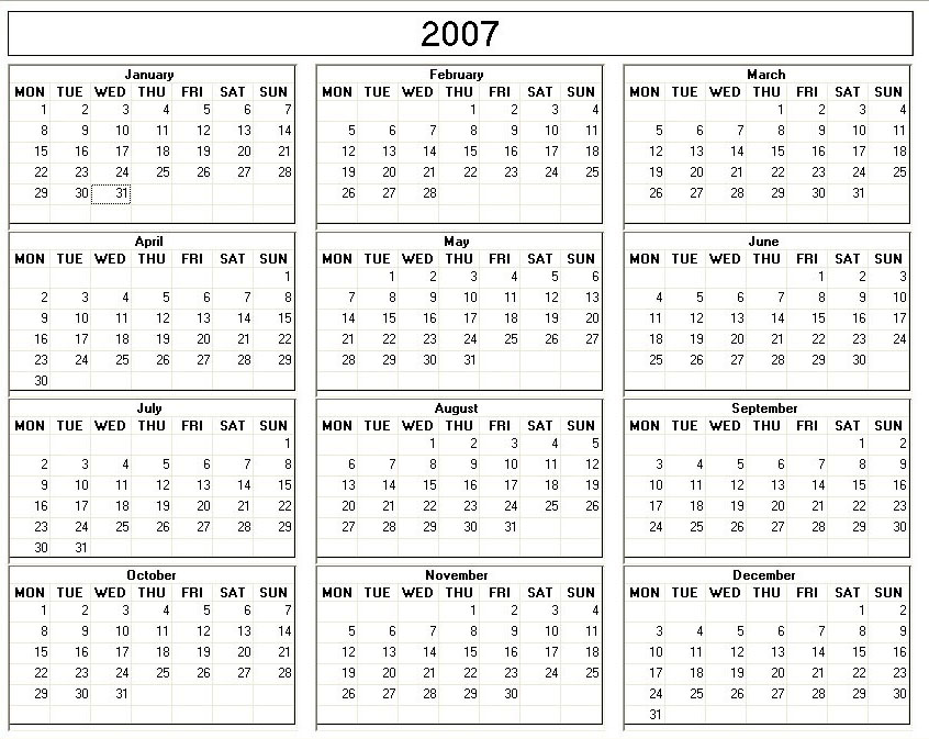 printable blank calendar image for year 2007