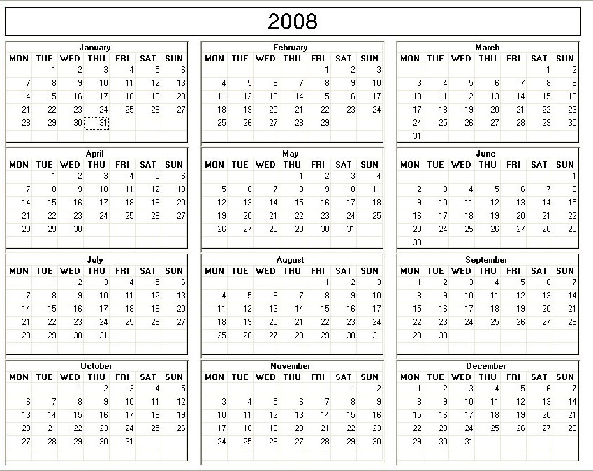printable blank calendar image for year 2008
