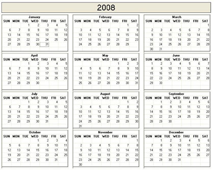 blank calendar,  printable calendar, 2008, image