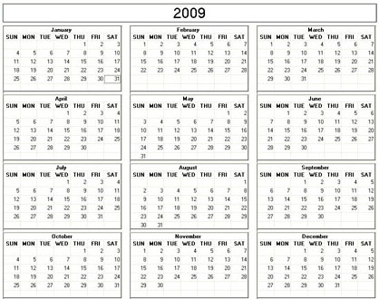 blank calendar,  printable calendar, 2009, image
