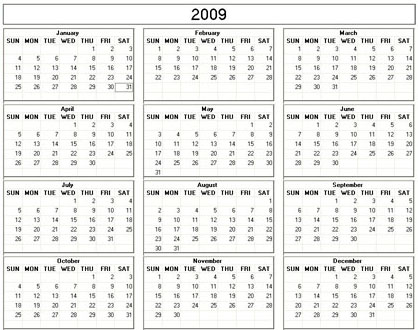 blank calendar,  printable calendar, 2009, image