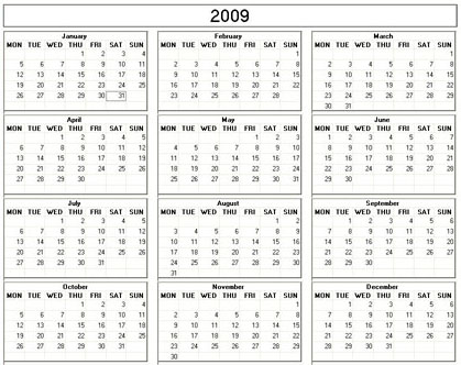blank calendar,  printable calendar, 2009, image