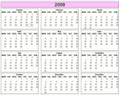 blank calendar,  printable calendar, 2009, image