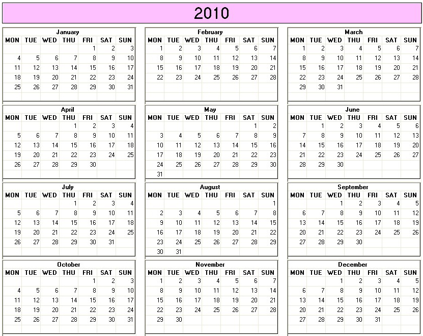 printable blank calendar image for 2010