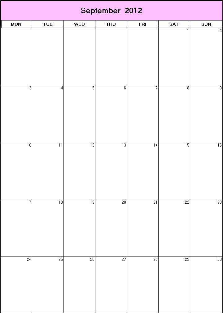 printable blank calendar image for September 2012