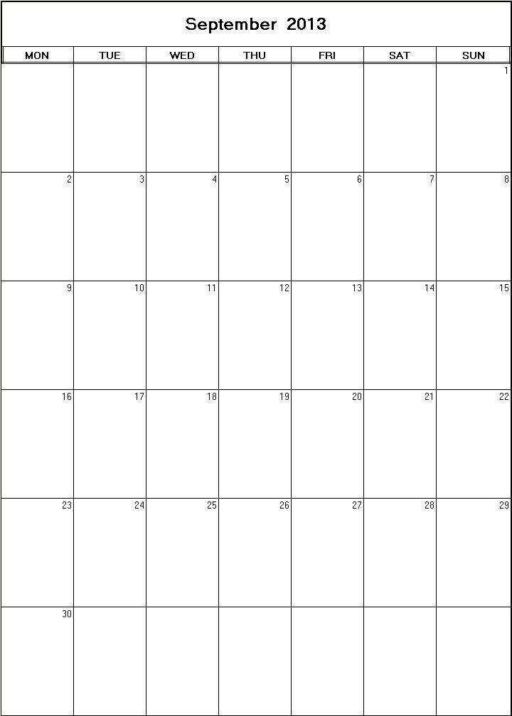 printable blank calendar image for September 2013