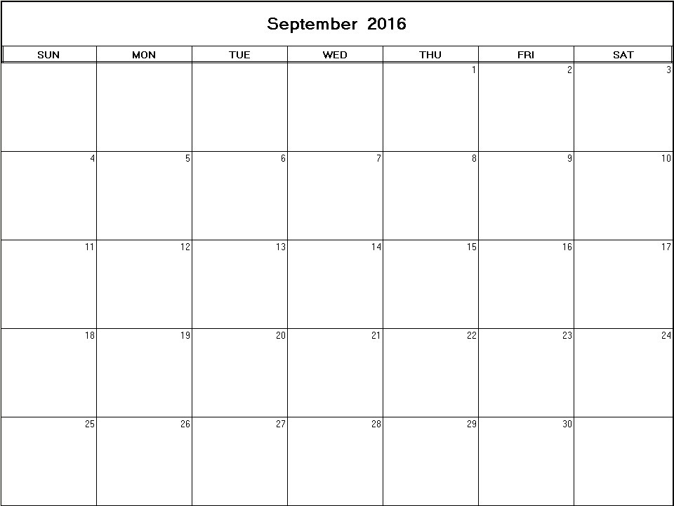 printable blank calendar image for September 2016