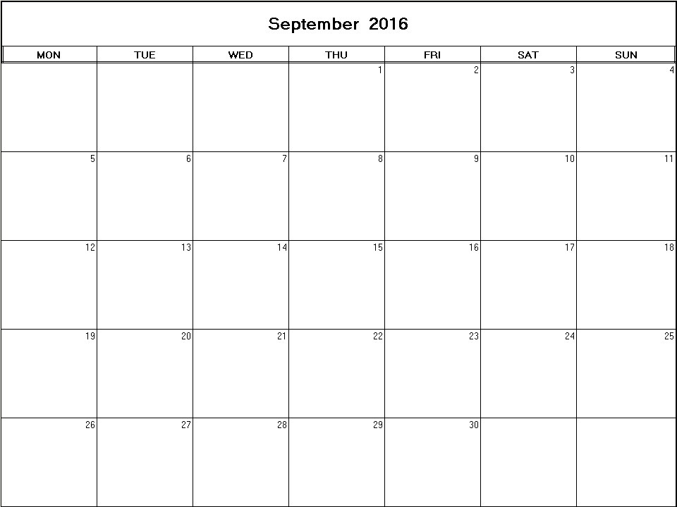 printable blank calendar image for September 2016