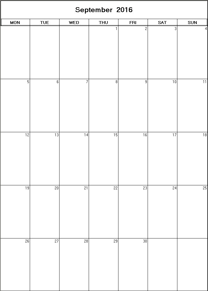 printable blank calendar image for September 2016