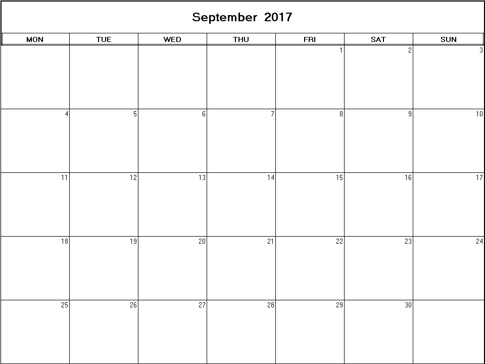 printable blank calendar image for September 2017