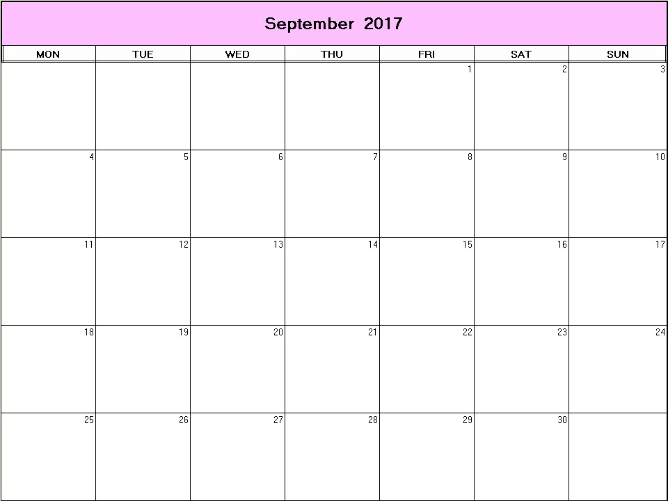 printable blank calendar image for September 2017