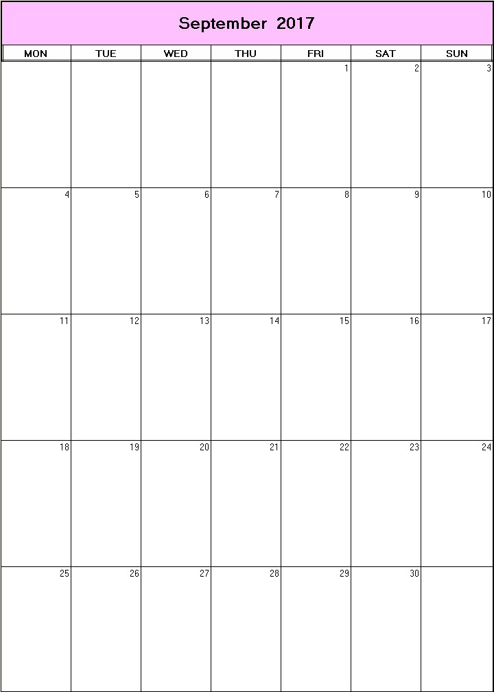 printable blank calendar image for September 2017