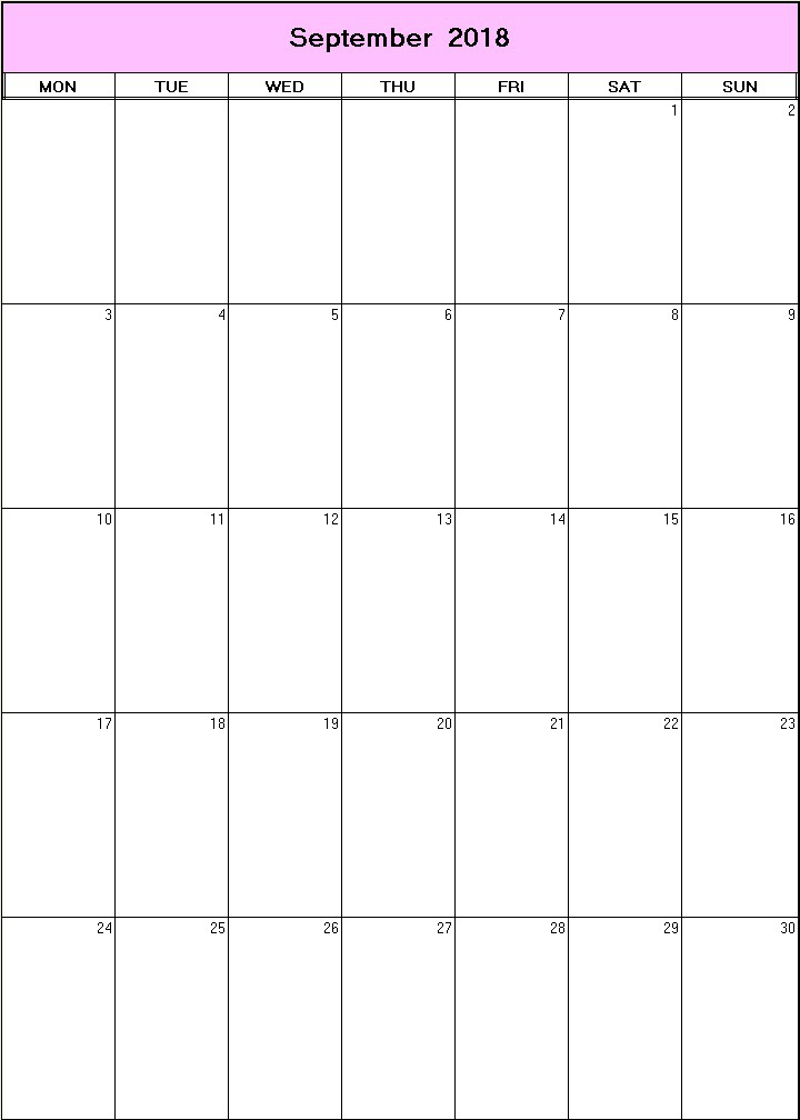 printable blank calendar image for September 2018