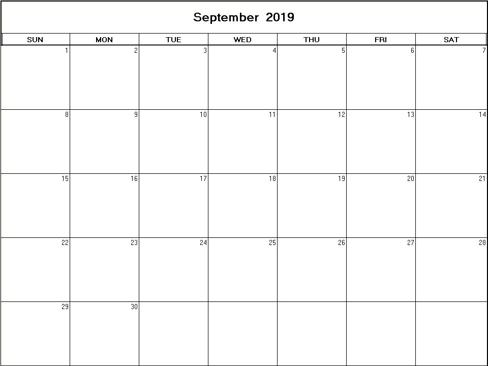 printable blank calendar image for September 2019