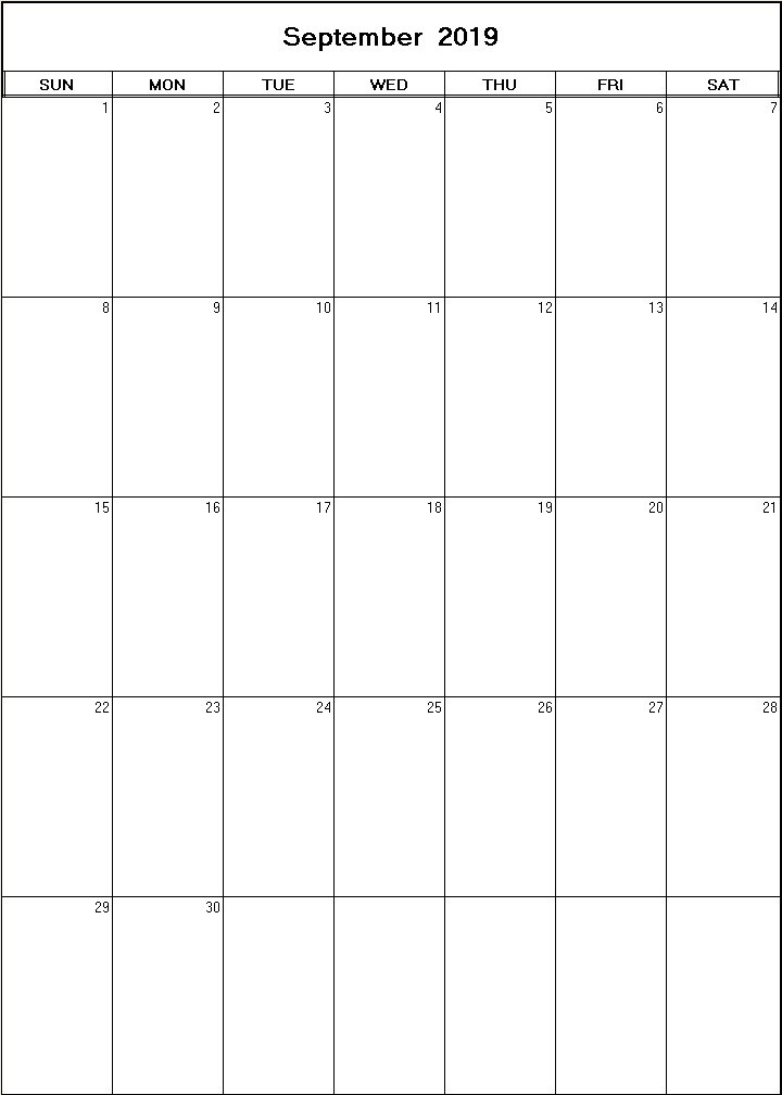 printable blank calendar image for September 2019