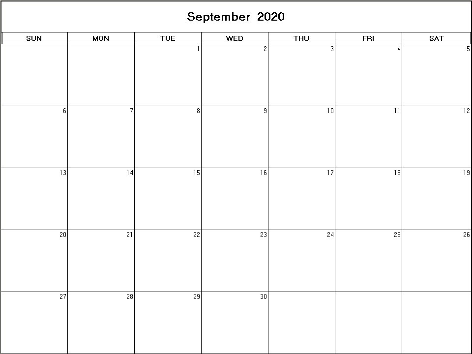 printable blank calendar image for September 2020
