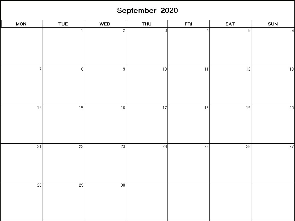 printable blank calendar image for September 2020