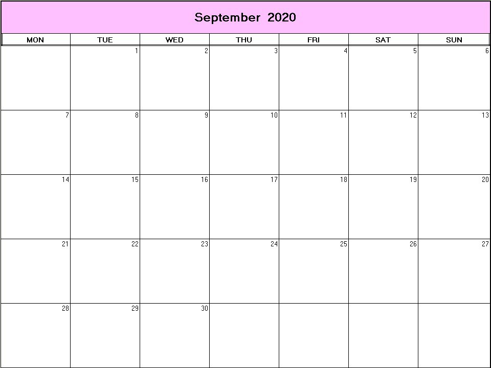printable blank calendar image for September 2020