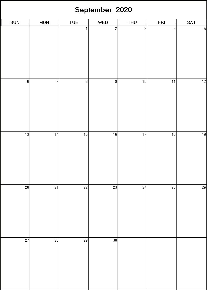 printable blank calendar image for September 2020