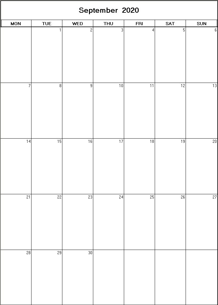 printable blank calendar image for September 2020