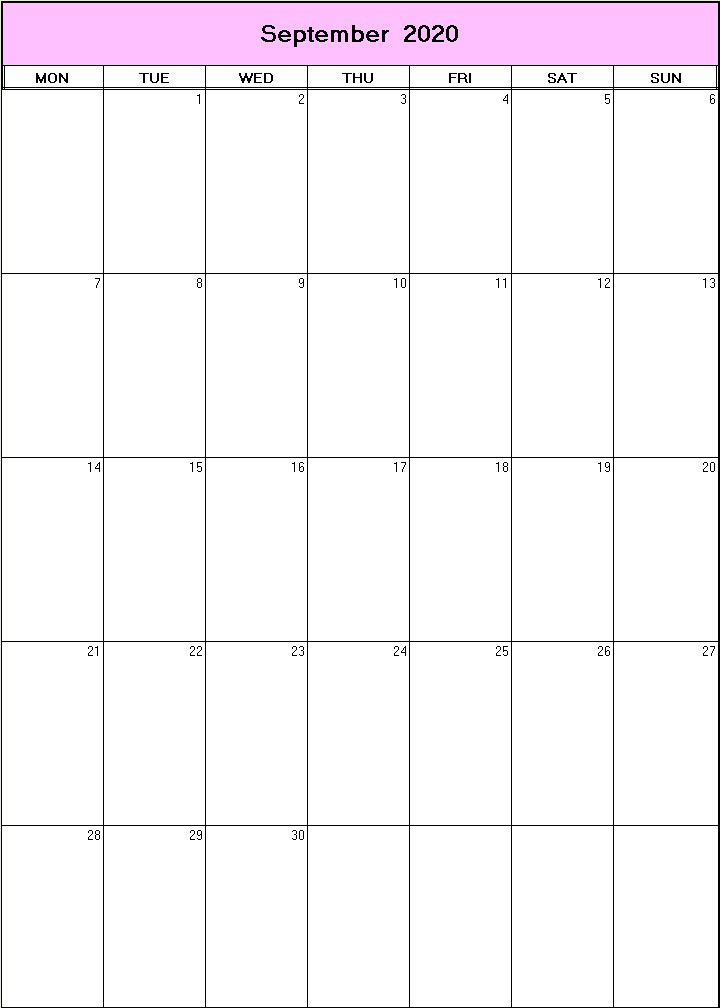 printable blank calendar image for September 2020