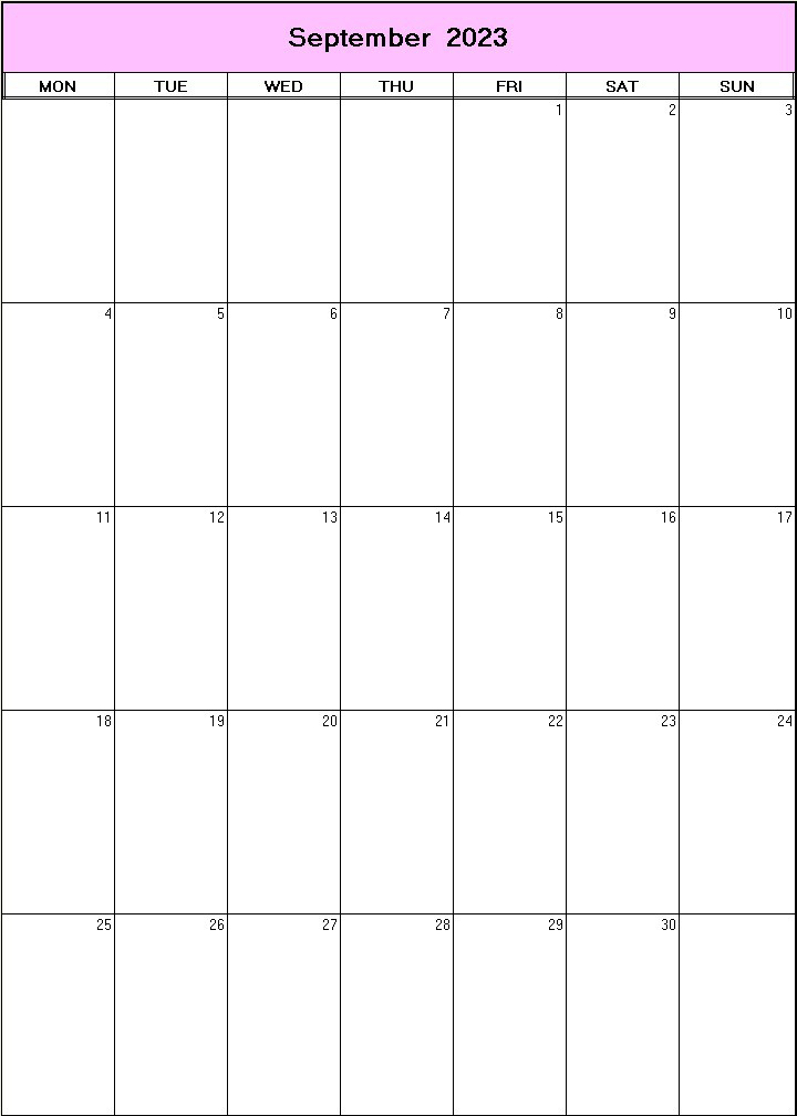printable blank calendar image for September 2023