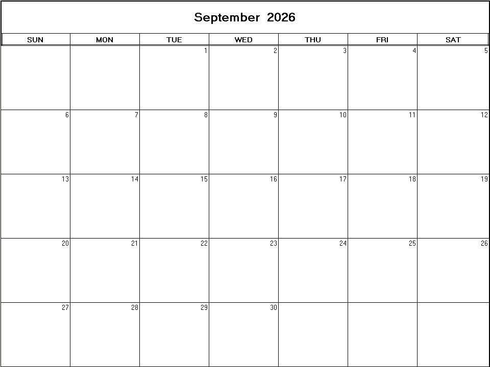 printable blank calendar image for September 2026