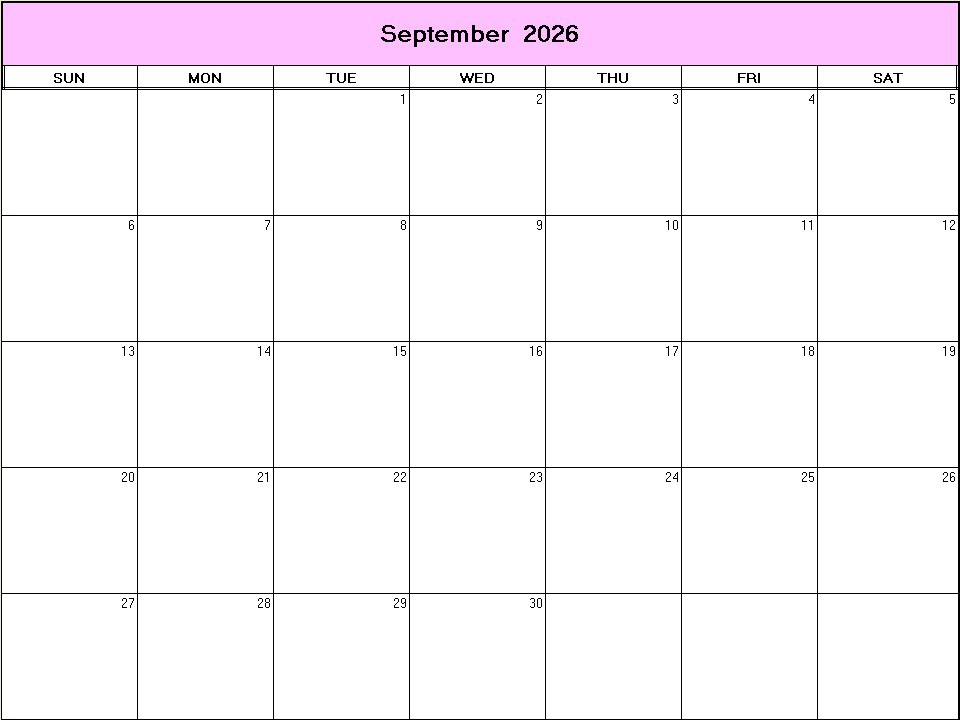 printable blank calendar image for September 2026