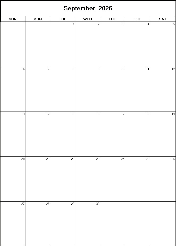 printable blank calendar image for September 2026