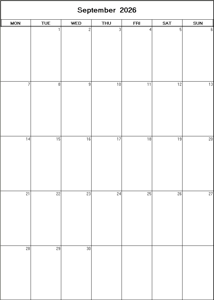 printable blank calendar image for September 2026