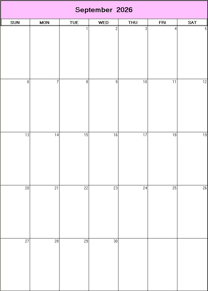 printable blank calendar image for September 2026