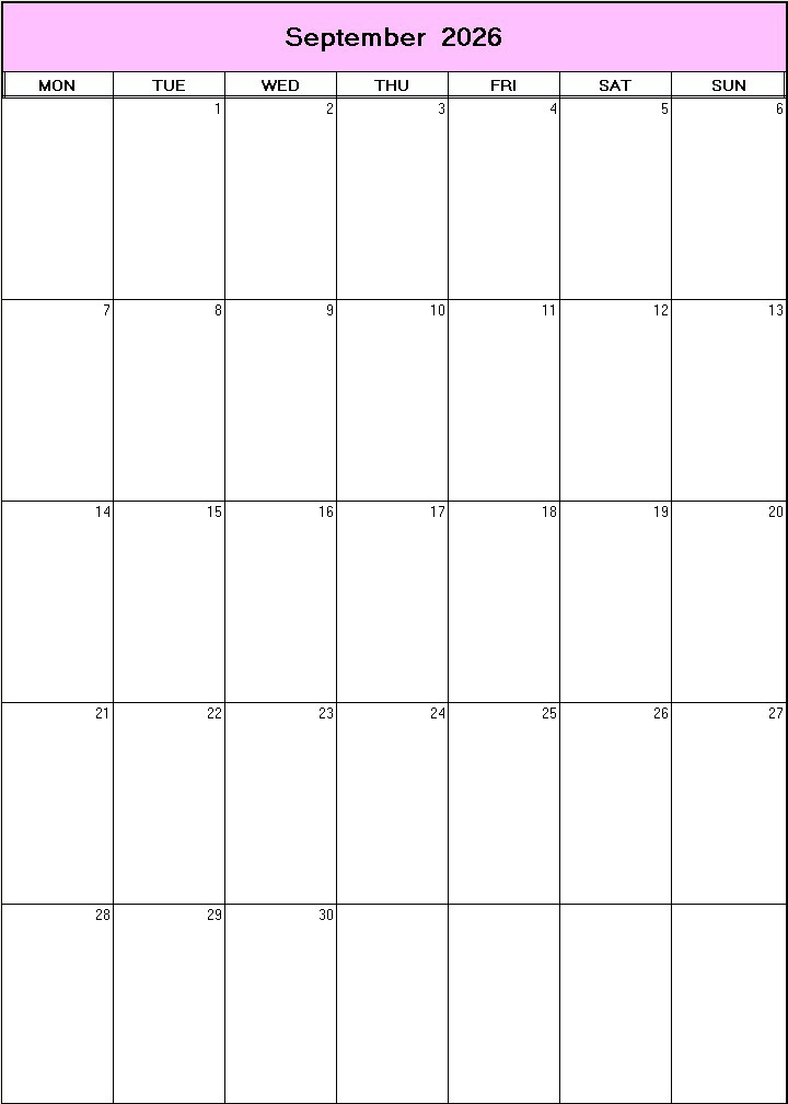 printable blank calendar image for September 2026