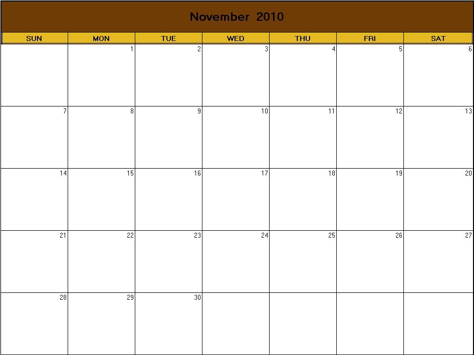 printable blank calendar image for Thanksgiving 2010