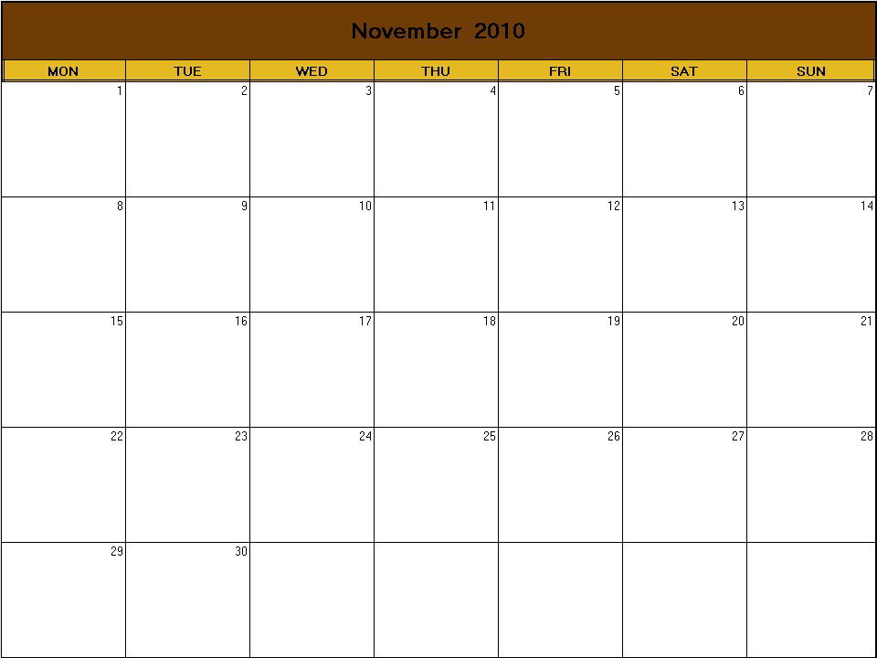 printable blank calendar image for Thanks 2010